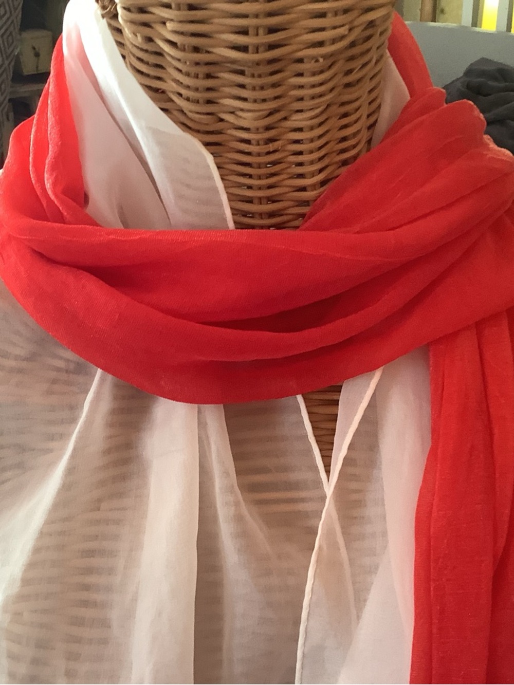 💚Sheer White and Red Fringe scarf..white is polyester, red appears to be silk